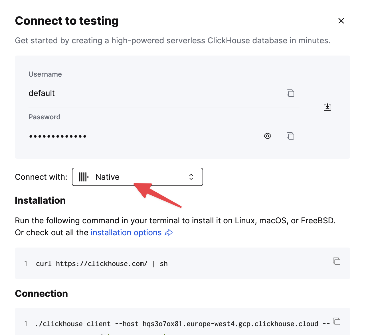 Сведения о TCP-подключении Native в ClickHouse Cloud