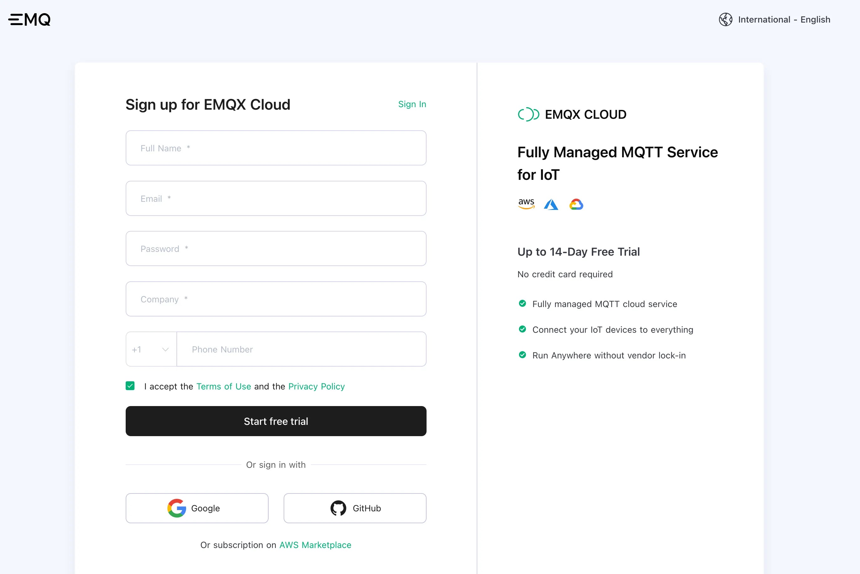 Страница регистрации EMQX Cloud с формой регистрации